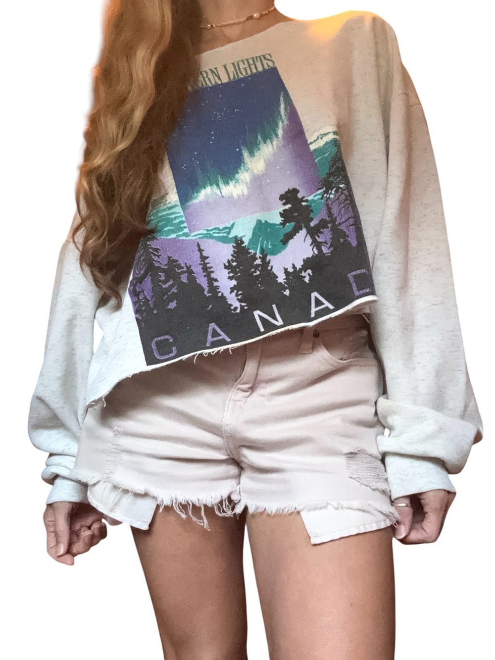 Vintage 80’s off shoulder Northern Lights Graphic Cropped Sweatshirt -